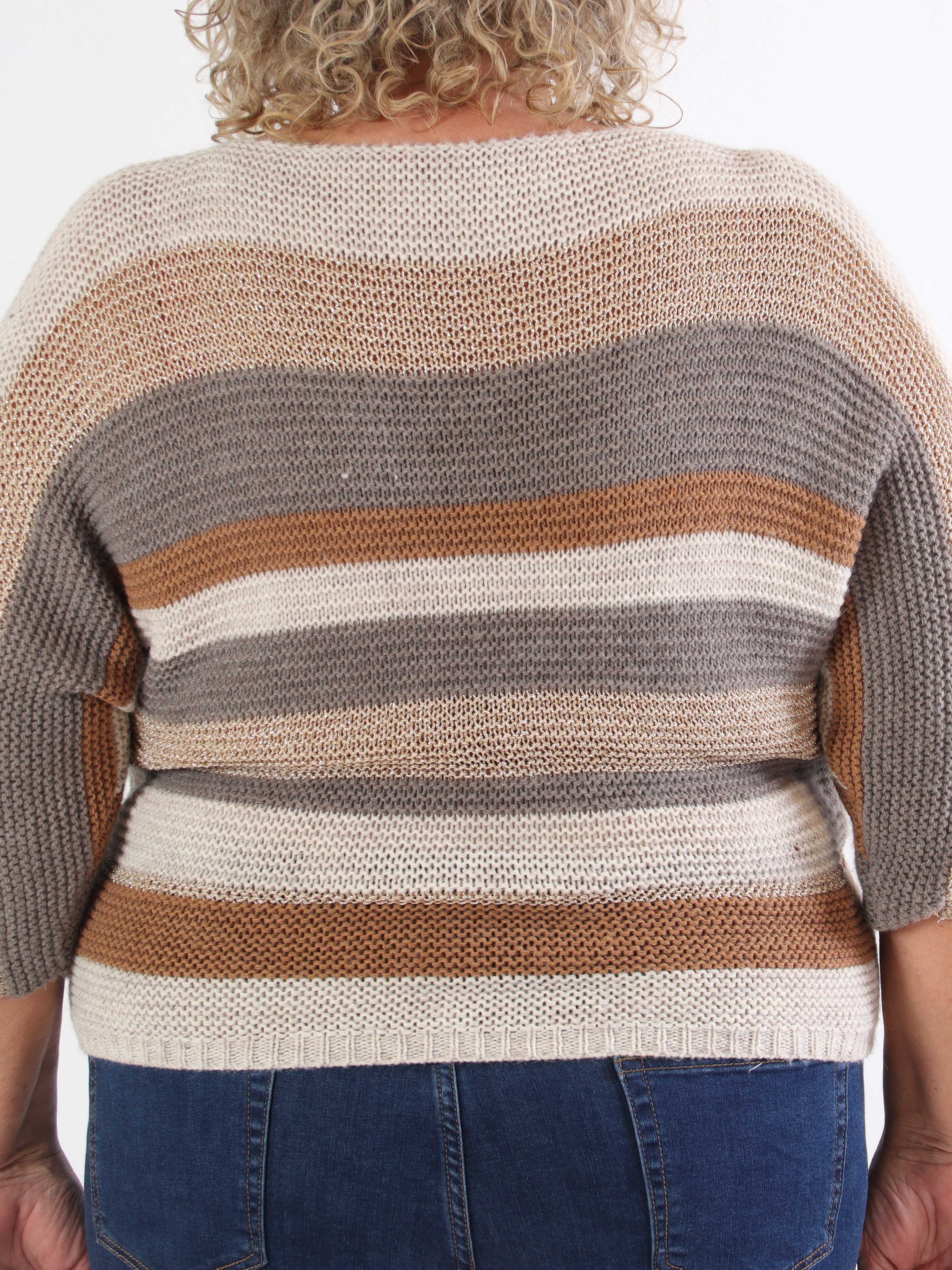 Nina - Stickad blus i plus size med ull- och guldränder